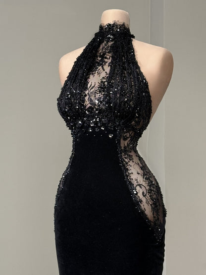 Gothic-Style Prom Dress Sheath Halter Neck Formal Dress Lace Sequins Black Evening Dress AP6610