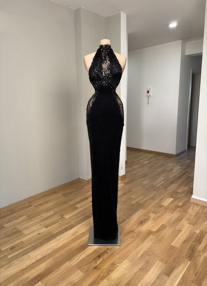 Gothic-Style Prom Dress Sheath Halter Neck Formal Dress Lace Sequins Black Evening Dress AP6610