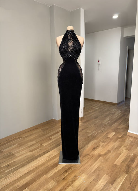Gothic-Style Prom Dress Sheath Halter Neck Formal Dress Lace Sequins Black Evening Dress AP6610