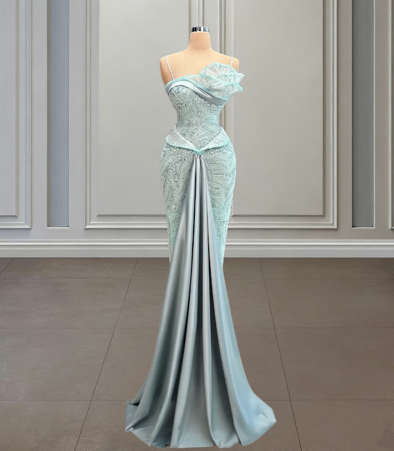 Mint Green Sequins Mermaid Prom Dress Satin Spaghetti Strap Custom Available Evening Dresses AP6612