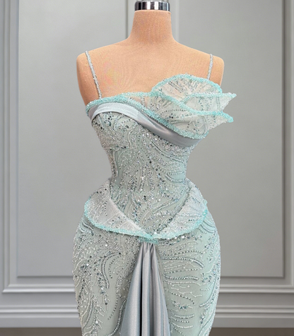 Mint Green Sequins Mermaid Prom Dress Satin Spaghetti Strap Custom Available Evening Dresses AP6612