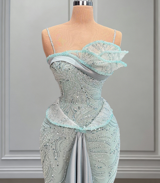 Mint Green Sequins Mermaid Prom Dress Satin Spaghetti Strap Custom Available Evening Dresses AP6612