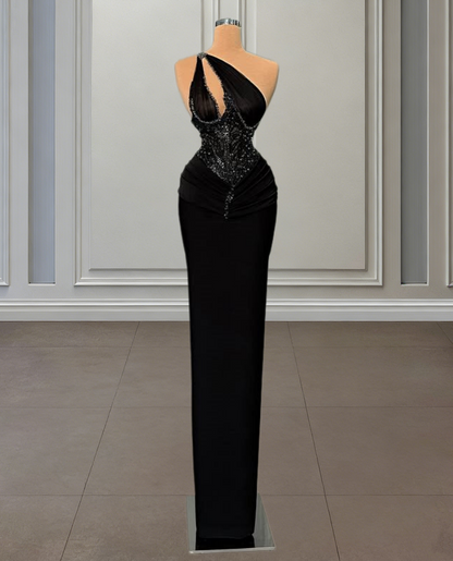 Black Beaded Prom Dress One-Shoulder Sheath Sexy Formal Gown Cutout Bodice AP6613