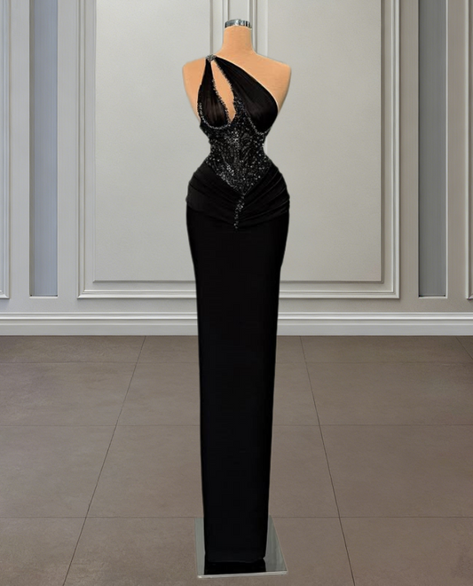 Black Beaded Prom Dress One-Shoulder Sheath Sexy Formal Gown Cutout Bodice AP6613