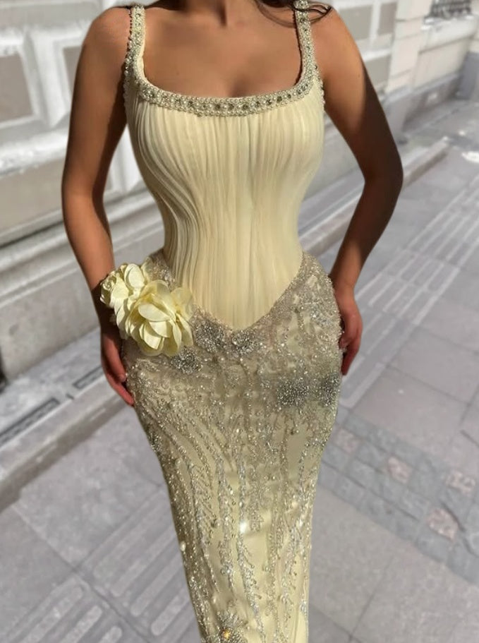 3D Floral Appliqués Prom Dress Elegant Sheath Ivory Spaghetti Strap Beaded Evening Gown AP6614