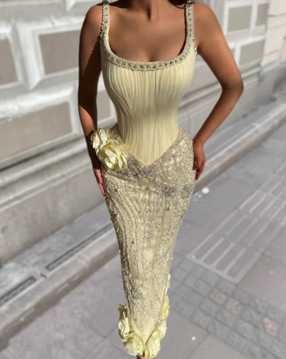 3D Floral Appliqués Prom Dress Elegant Sheath Ivory Spaghetti Strap Beaded Evening Gown AP6614