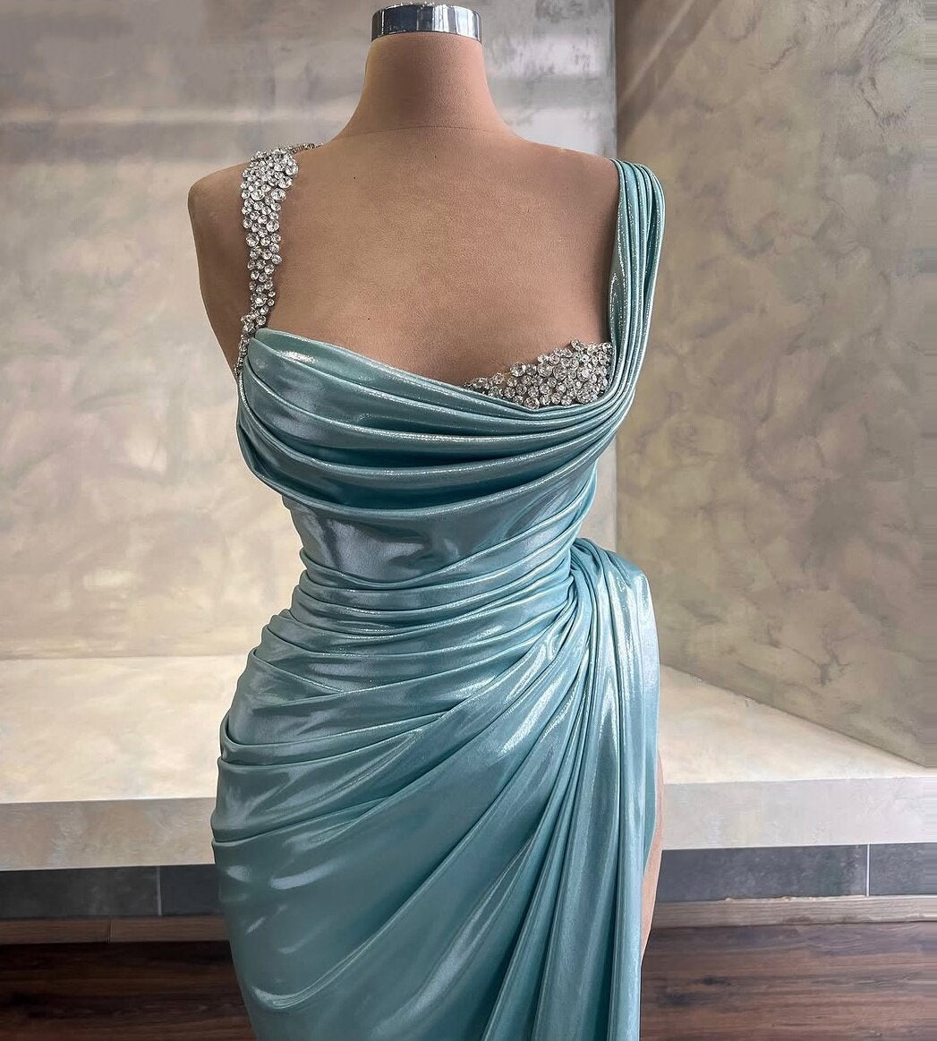 Aqua Blue Prom Dress Inspiration Metallic Satin Spaghetti Strap Slit Beaded Evening Dresses AP6615