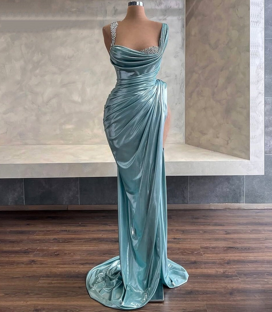 Aqua Blue Prom Dress Inspiration Metallic Satin Spaghetti Strap Slit Beaded Evening Dresses AP6615