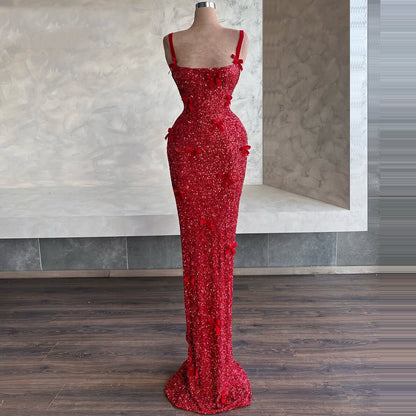Red Prom Dress Inspo Spaghetti Strap Sheath Evening Dresses Bows Sequins Formal Dress AP6616