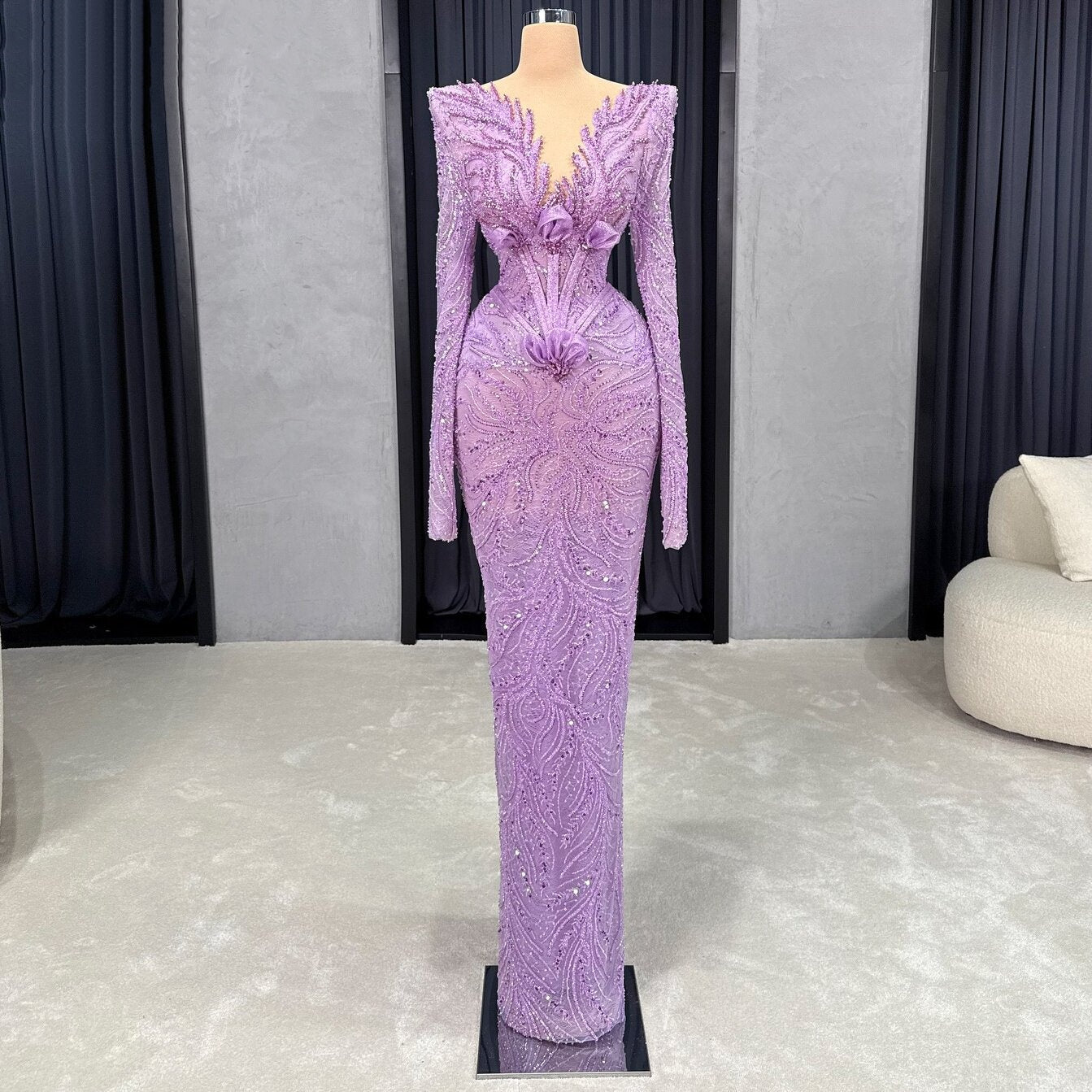 Inspiration Prom Dress Purple Appliques Sequins Formal Dress Long Sleeve Sheath V Neck Evening Dresses AP6617