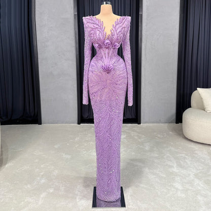 Inspiration Prom Dress Purple Appliques Sequins Formal Dress Long Sleeve Sheath V Neck Evening Dresses AP6617