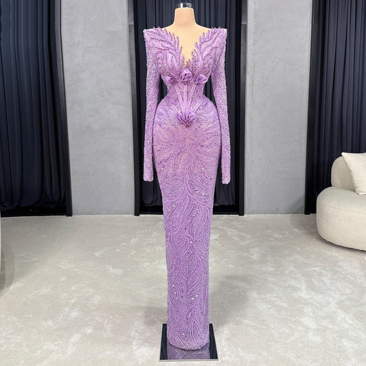Inspiration Prom Dress Purple Appliques Sequins Formal Dress Long Sleeve Sheath V Neck Evening Dresses AP6617