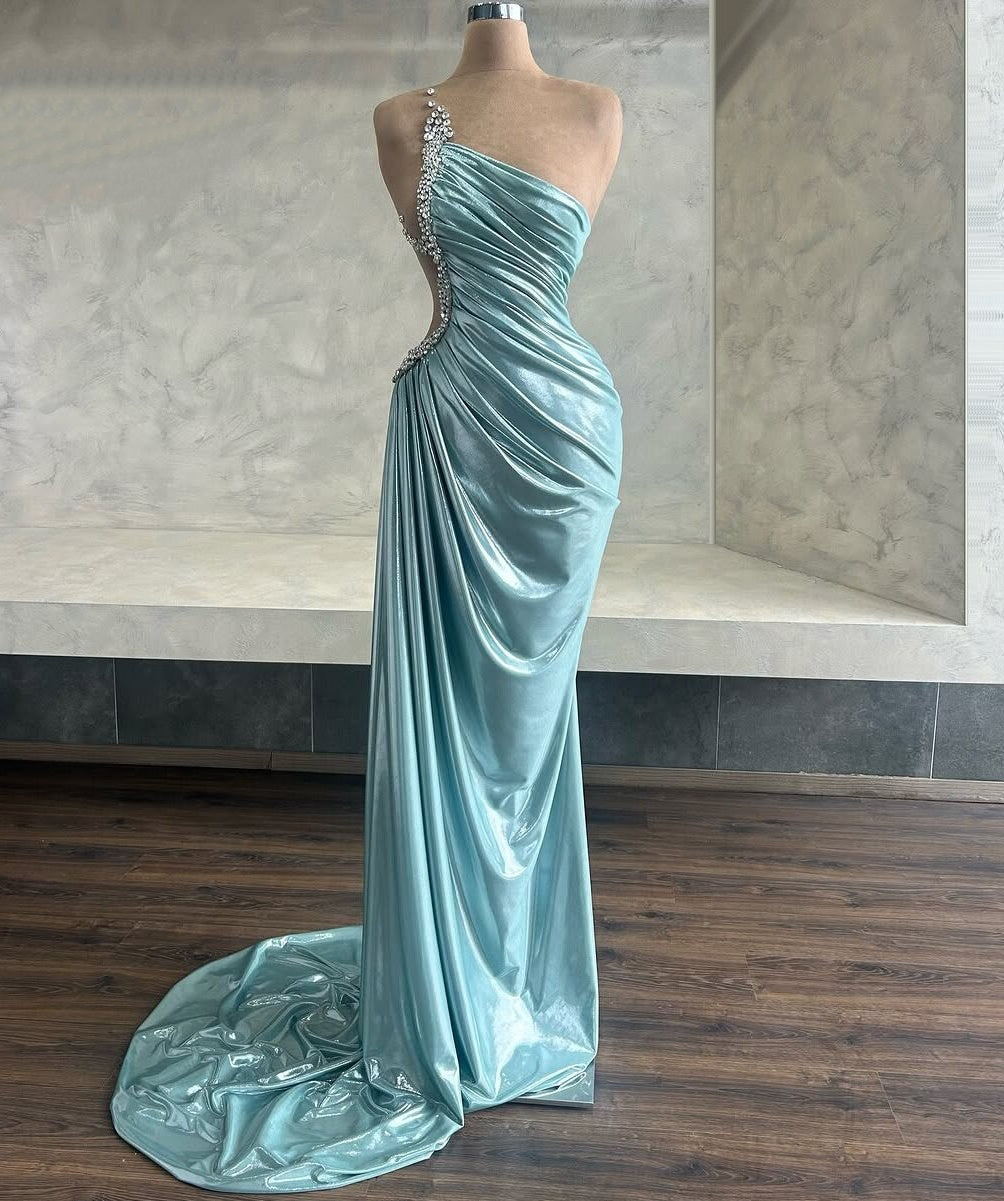 Casual Aqua Blue Prom Dress Asymmetric Neck Sheath Beaded Formal Dress AP6618