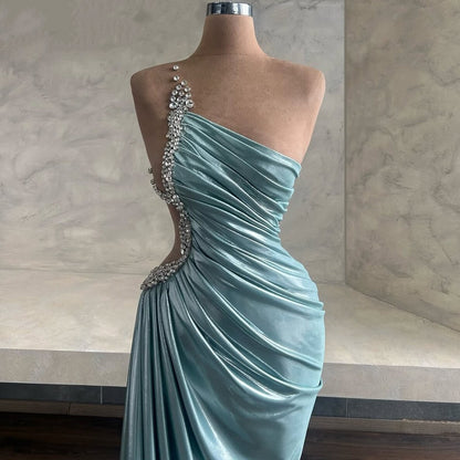 Casual Aqua Blue Prom Dress Asymmetric Neck Sheath Beaded Formal Dress AP6618
