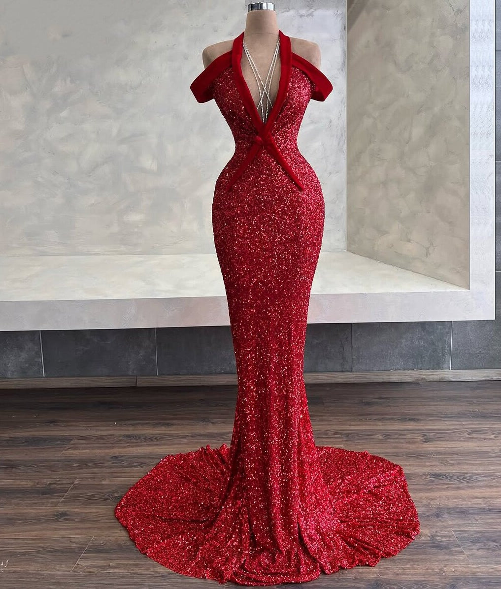 Y2K Red Long Prom Dress Off-Shoulder Sequins Mermaid Evening Dress AP6619
