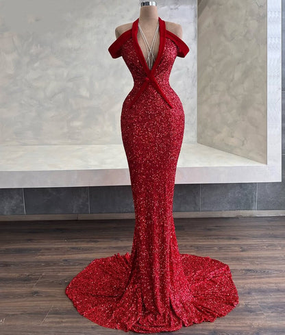 Y2K Red Long Prom Dress Off-Shoulder Sequins Mermaid Evening Dress AP6619