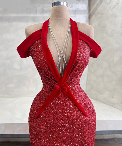 Y2K Red Long Prom Dress Off-Shoulder Sequins Mermaid Evening Dress AP6619