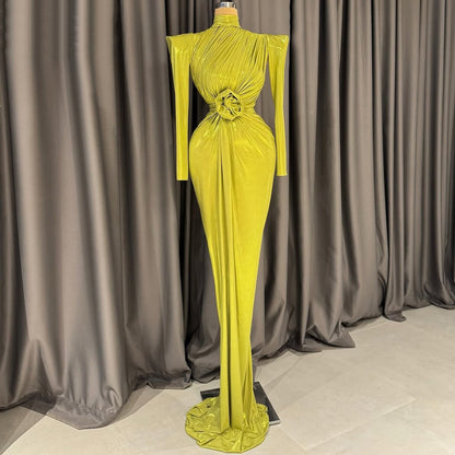 Retro Prom Dress 3D Applique High Collar Formal Dress Long Sleeve Sheath Evening Dresses AP6620
