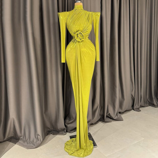 Retro Prom Dress 3D Applique High Collar Formal Dress Long Sleeve Sheath Evening Dresses AP6620