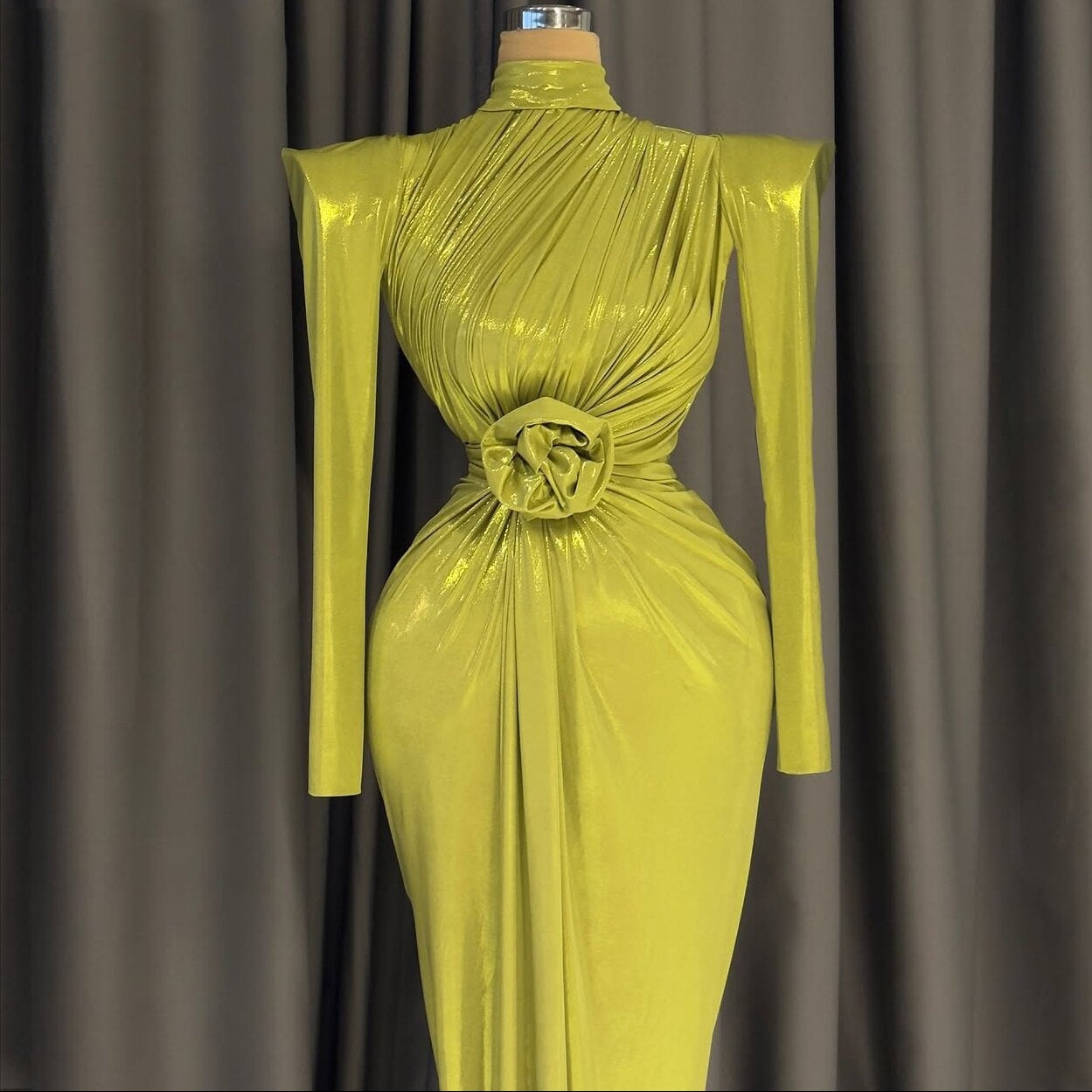 Retro Prom Dress 3D Applique High Collar Formal Dress Long Sleeve Sheath Evening Dresses AP6620