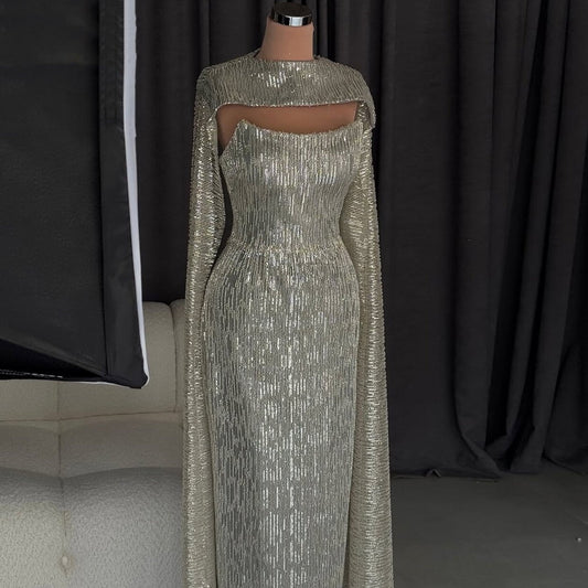 New Tendency Sheath Cutout Prom Dress Long Sequins Jewel Neck Formal Dress Cape Sleeve Evening Dresses AP6621