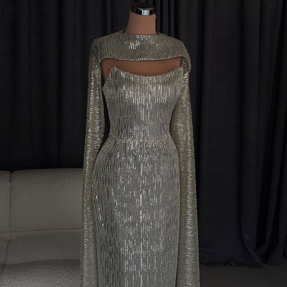 New Tendency Sheath Cutout Prom Dress Long Sequins Jewel Neck Formal Dress Cape Sleeve Evening Dresses AP6621