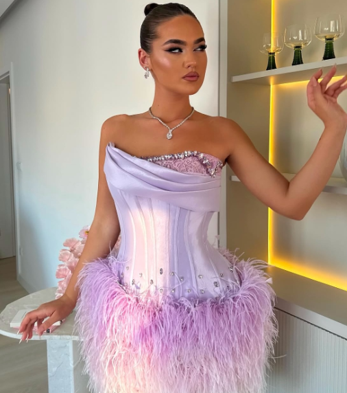 Fairy Lavender Feather Homecoming Dress Lace Crystals Strapless Sheath Birthday Gowns AP6622