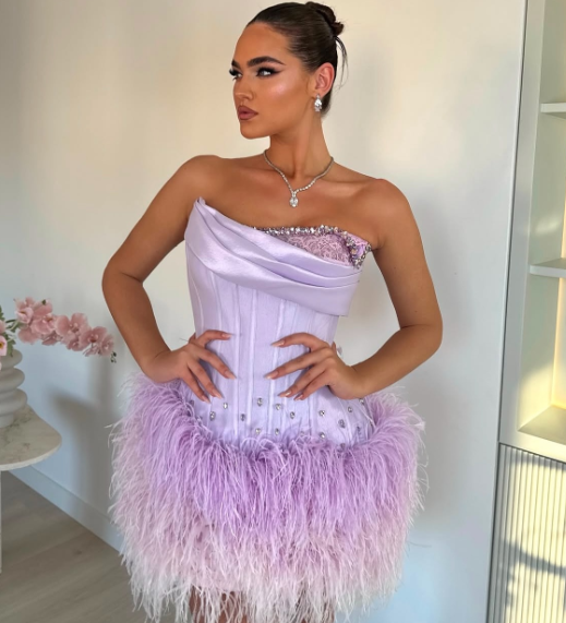 Fairy Lavender Feather Homecoming Dress Lace Crystals Strapless Sheath Birthday Gowns AP6622