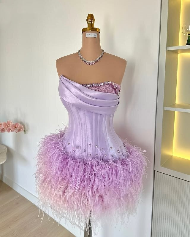 Fairy Lavender Feather Homecoming Dress Lace Crystals Strapless Sheath Birthday Gowns AP6622