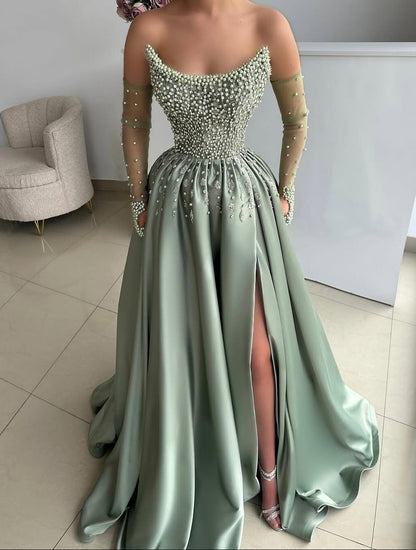 Exquisite Inspo Prom Dress Green Long Satin A-Line Formal Dress Strapless Beading Slit Evening Dress AP6624