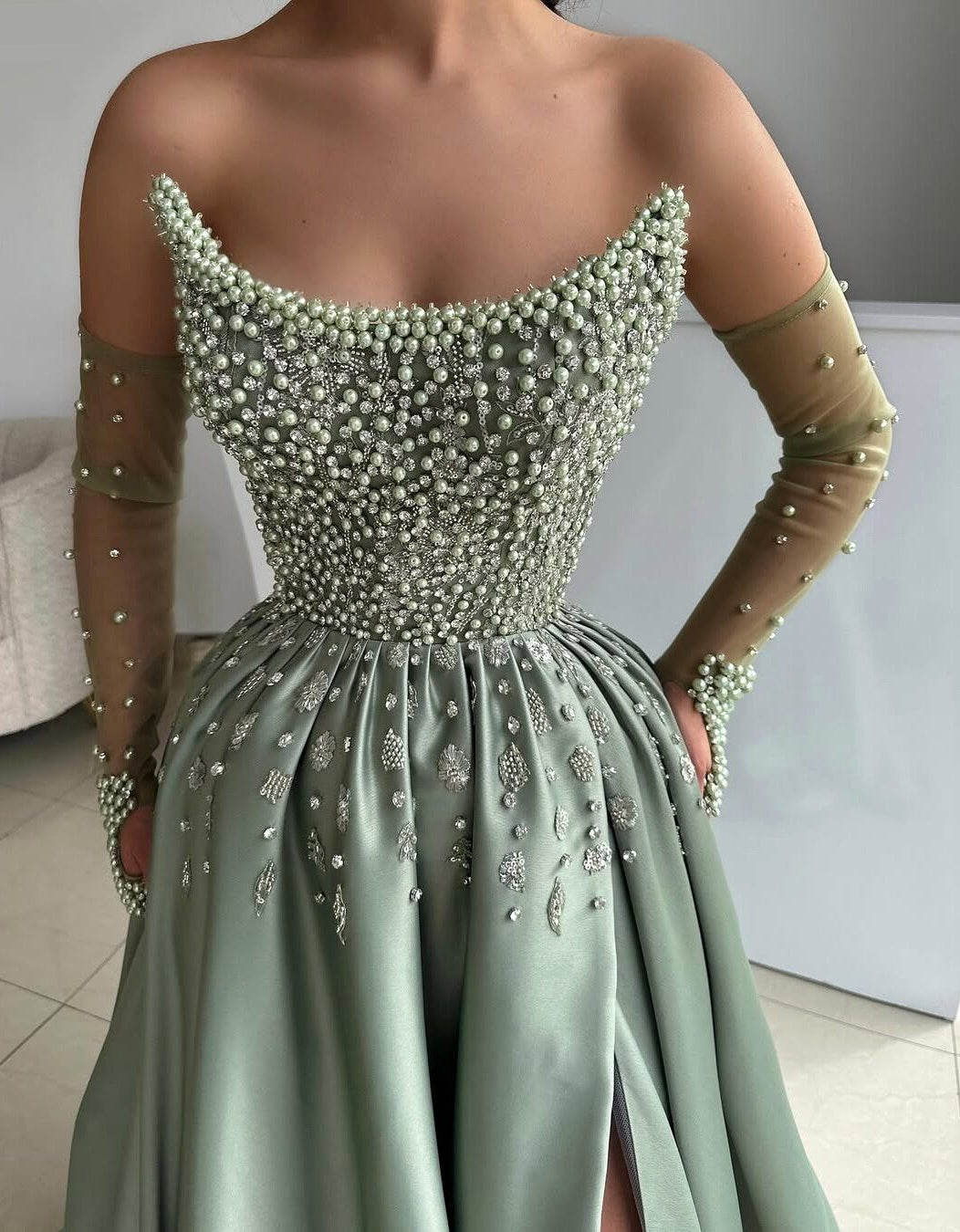 Exquisite Inspo Prom Dress Green Long Satin A-Line Formal Dress Strapless Beading Slit Evening Dress AP6624