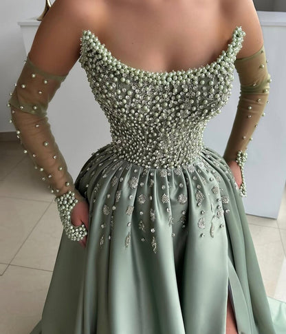 Exquisite Inspo Prom Dress Green Long Satin A-Line Formal Dress Strapless Beading Slit Evening Dress AP6624