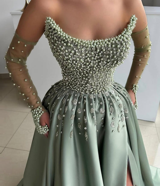 Exquisite Inspo Prom Dress Green Long Satin A-Line Formal Dress Strapless Beading Slit Evening Dress AP6624
