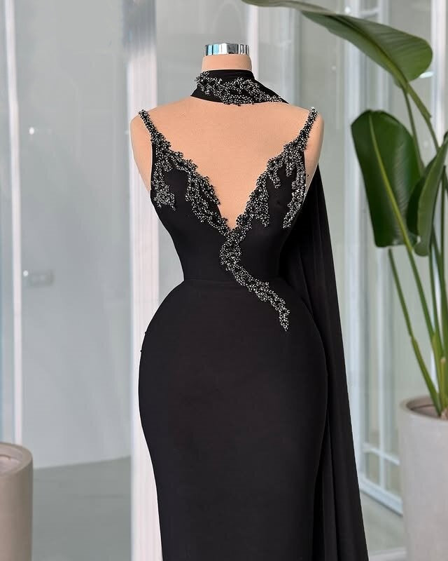 Black Prom Dress Simple Spaghetti Strap Evening Dresses Sequins Sheath Formal Dress AP6625