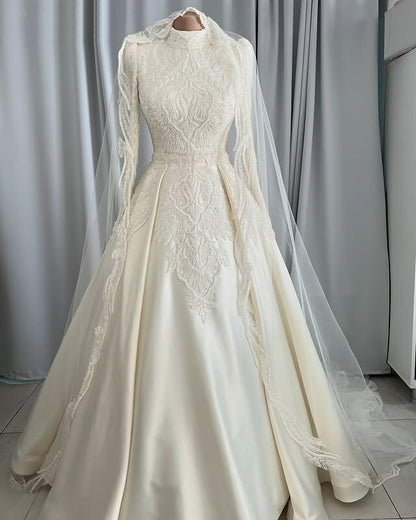 Refined High Collar Wedding Dress Long Sleeve Appliques A-Line Timeless Bridal Gowns AP6627