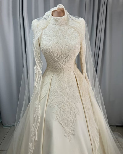 Refined High Collar Wedding Dress Long Sleeve Appliques A-Line Timeless Bridal Gowns AP6627