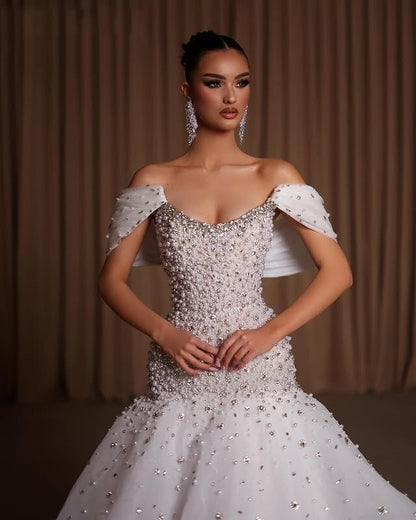 Enchanting Off-the-Shoulder Wedding Dress Aesthetic Beaded Mermaid Bridal Gowns AP6629
