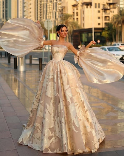 Superb Champagne Floral Prom Dress Long A-Line Strapless Beaded Evening Gowns AP6630