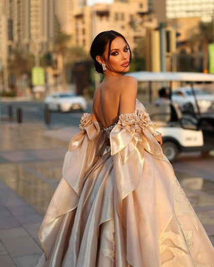 Superb Champagne Floral Prom Dress Long A-Line Strapless Beaded Evening Gowns AP6630
