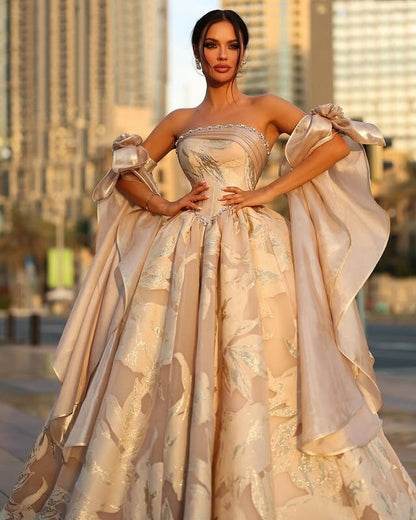 Superb Champagne Floral Prom Dress Long A-Line Strapless Beaded Evening Gowns AP6630