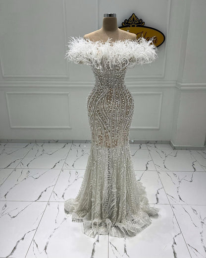Wonderful Off-the-Shoulder Prom Dress Inspo Feather Stunning White Beaded Mermaid Evening Gown AP6631