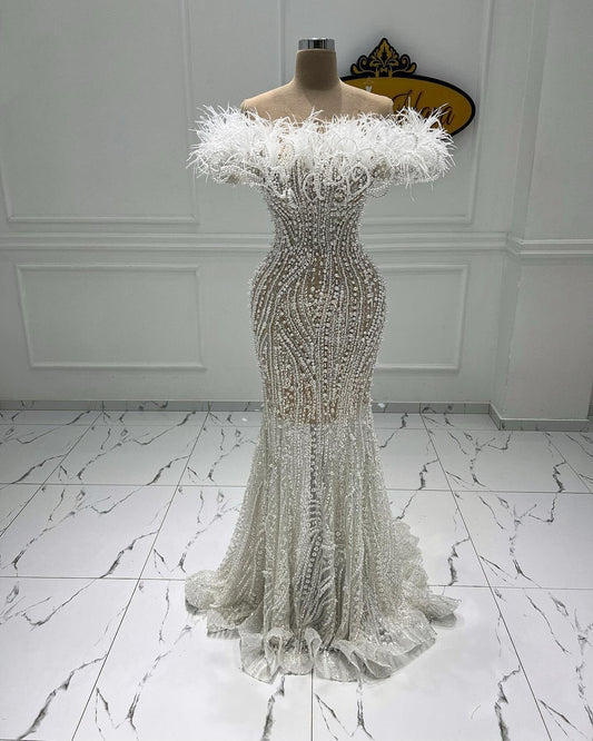 Wonderful Off-the-Shoulder Prom Dress Inspo Feather Stunning White Beaded Mermaid Evening Gown AP6631