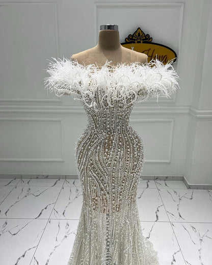 Wonderful Off-the-Shoulder Prom Dress Inspo Feather Stunning White Beaded Mermaid Evening Gown AP6631