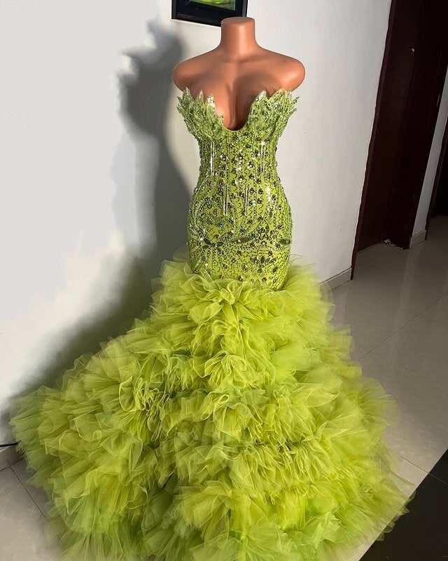 Amazing Strapless Green Prom Dress Inspo Ruffles Beaded Mermaid Evening Dresses AP6632