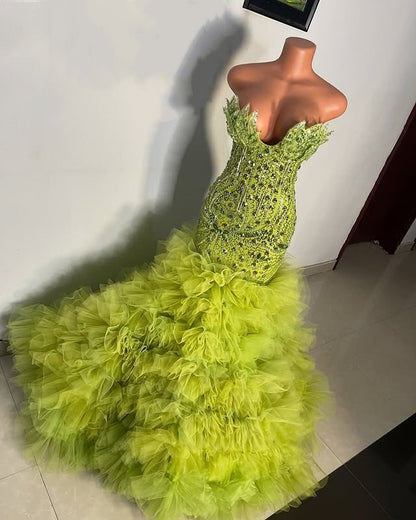 Amazing Strapless Green Prom Dress Inspo Ruffles Beaded Mermaid Evening Dresses AP6632