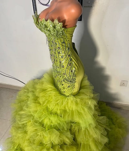 Amazing Strapless Green Prom Dress Inspo Ruffles Beaded Mermaid Evening Dresses AP6632