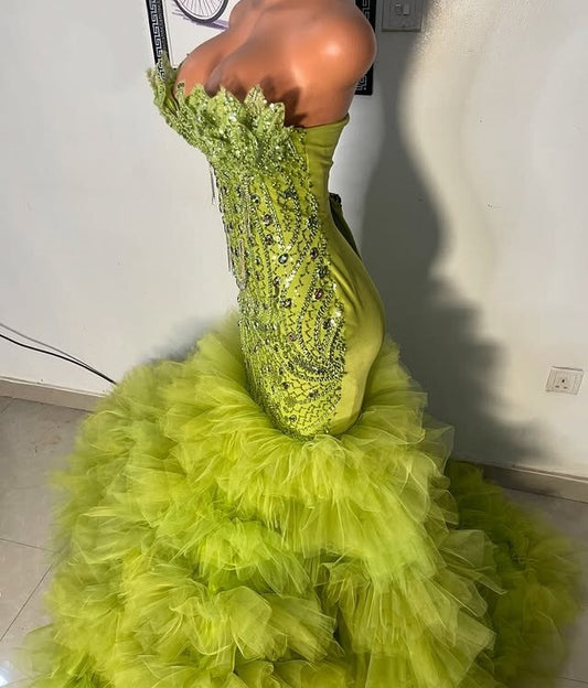 Amazing Strapless Green Prom Dress Inspo Ruffles Beaded Mermaid Evening Dresses AP6632