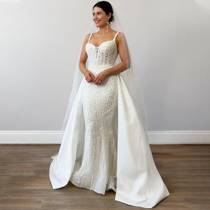 Splendid White Wedding Dress Sequins Beaded Bridal Gowns Spaghetti Strap Mermaid Dress with Detachable Train AP6635