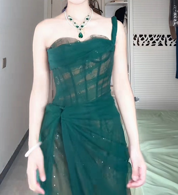 Enticing Green Prom Dress Idea Lace Slit One Shoulder Long Dress Sequins Sheath Formal Dress AP6636