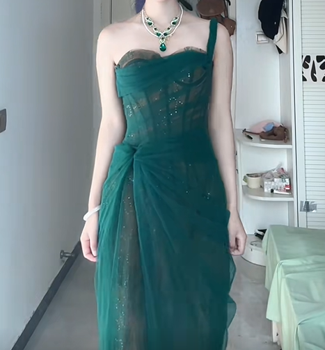 Enticing Green Prom Dress Idea Lace Slit One Shoulder Long Dress Sequins Sheath Formal Dress AP6636